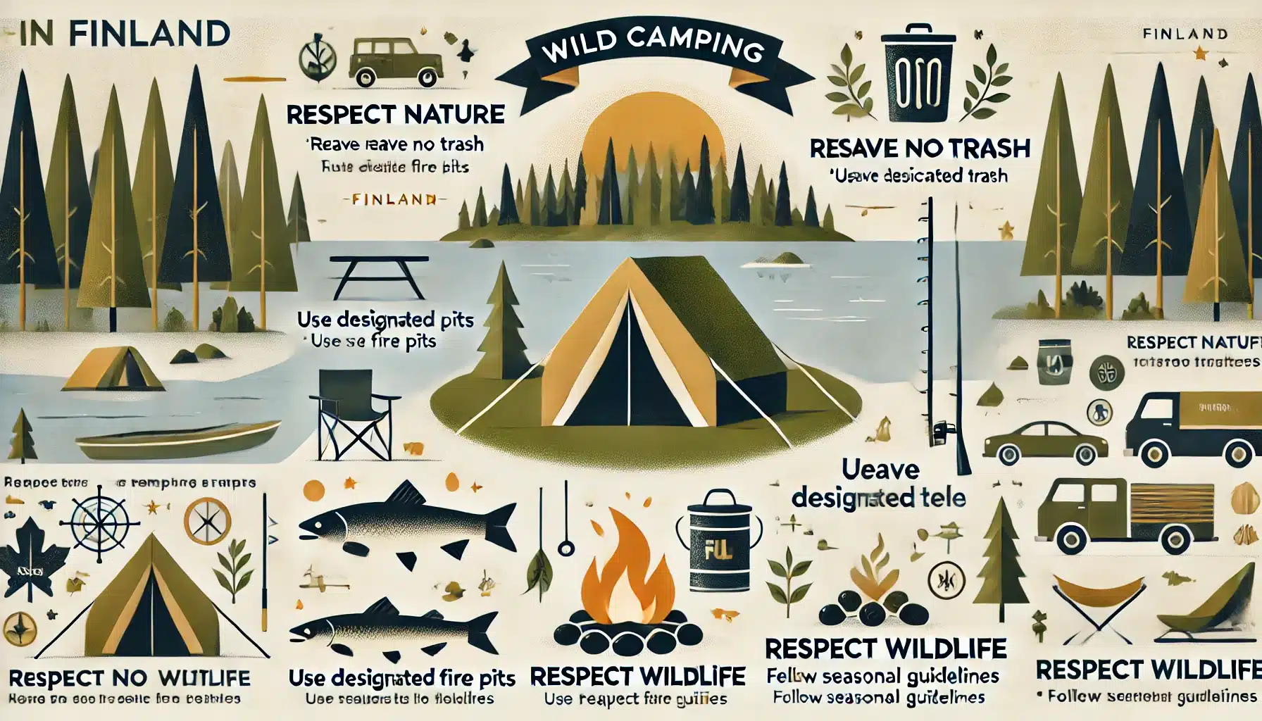 DALL·E 2024-09-26 20.03.29 - An informative and visually appealing graphic showing the rules for wild camping in Finland. Include icons and symbols such as a tent, campfire, trash Pisamalahti Linnavuori