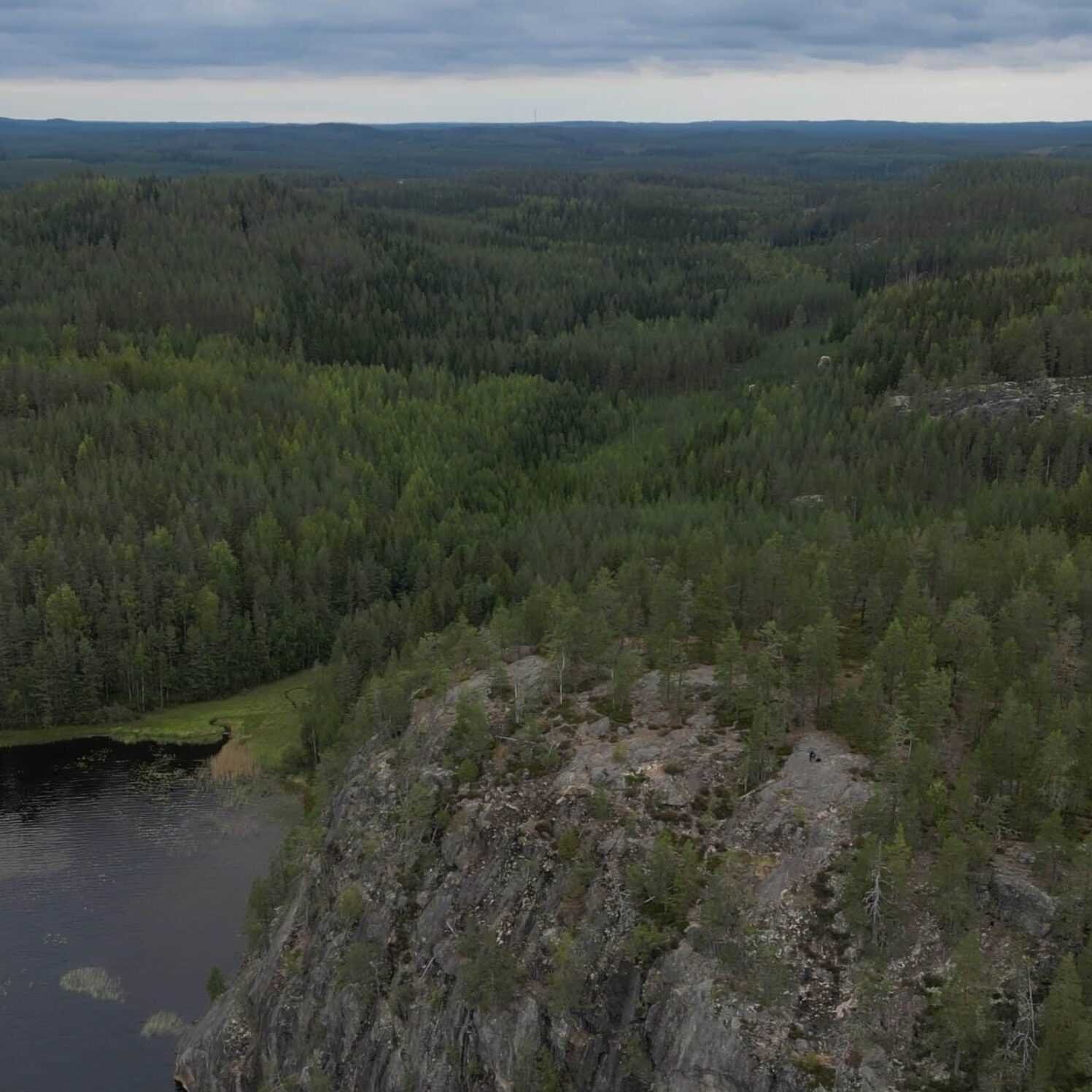 Dichte Wälder und Felsenlandschaft aus der Luft - Finnland Rundreise